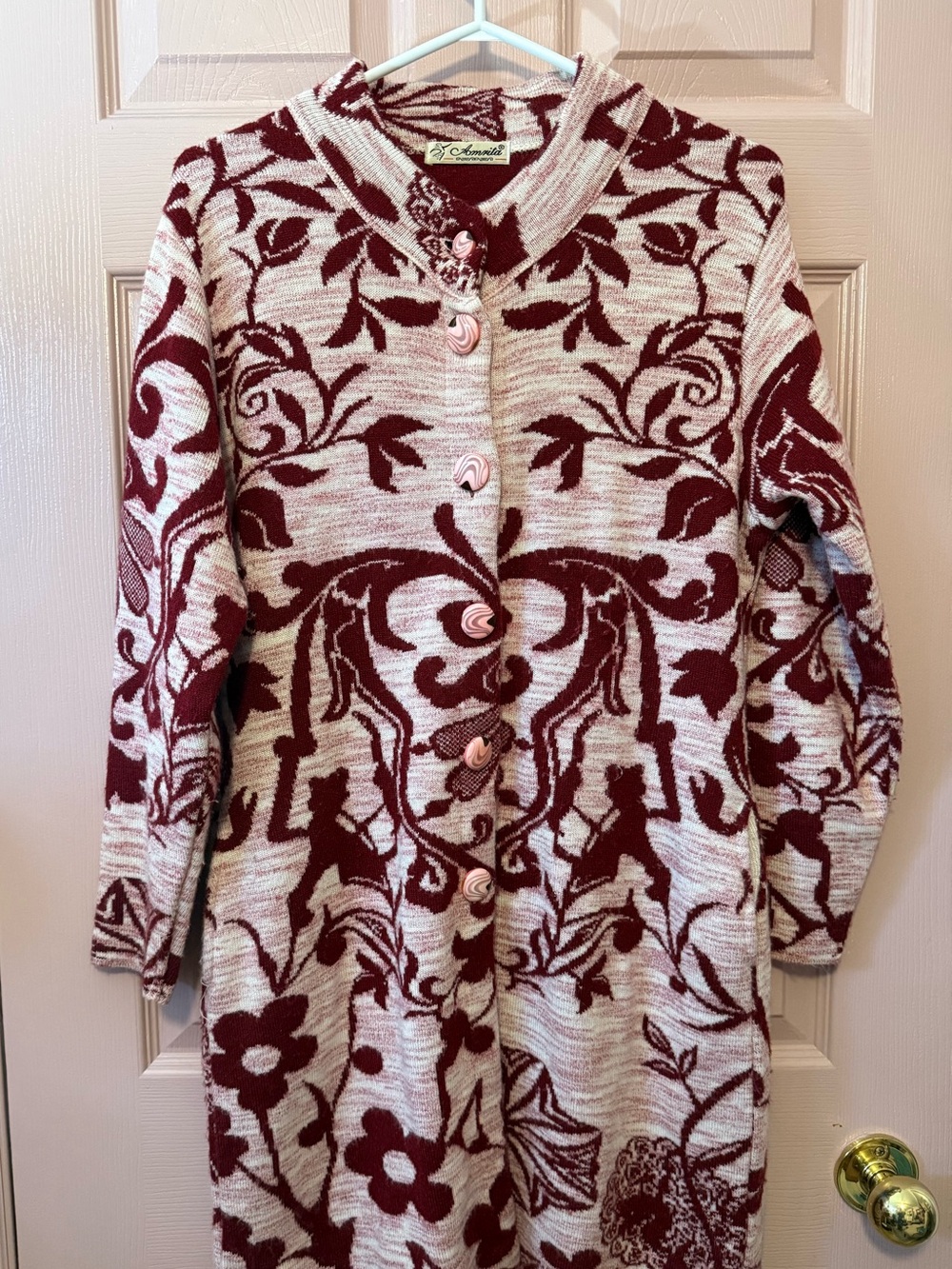 Cream and Burgundy Floral Knit Coat